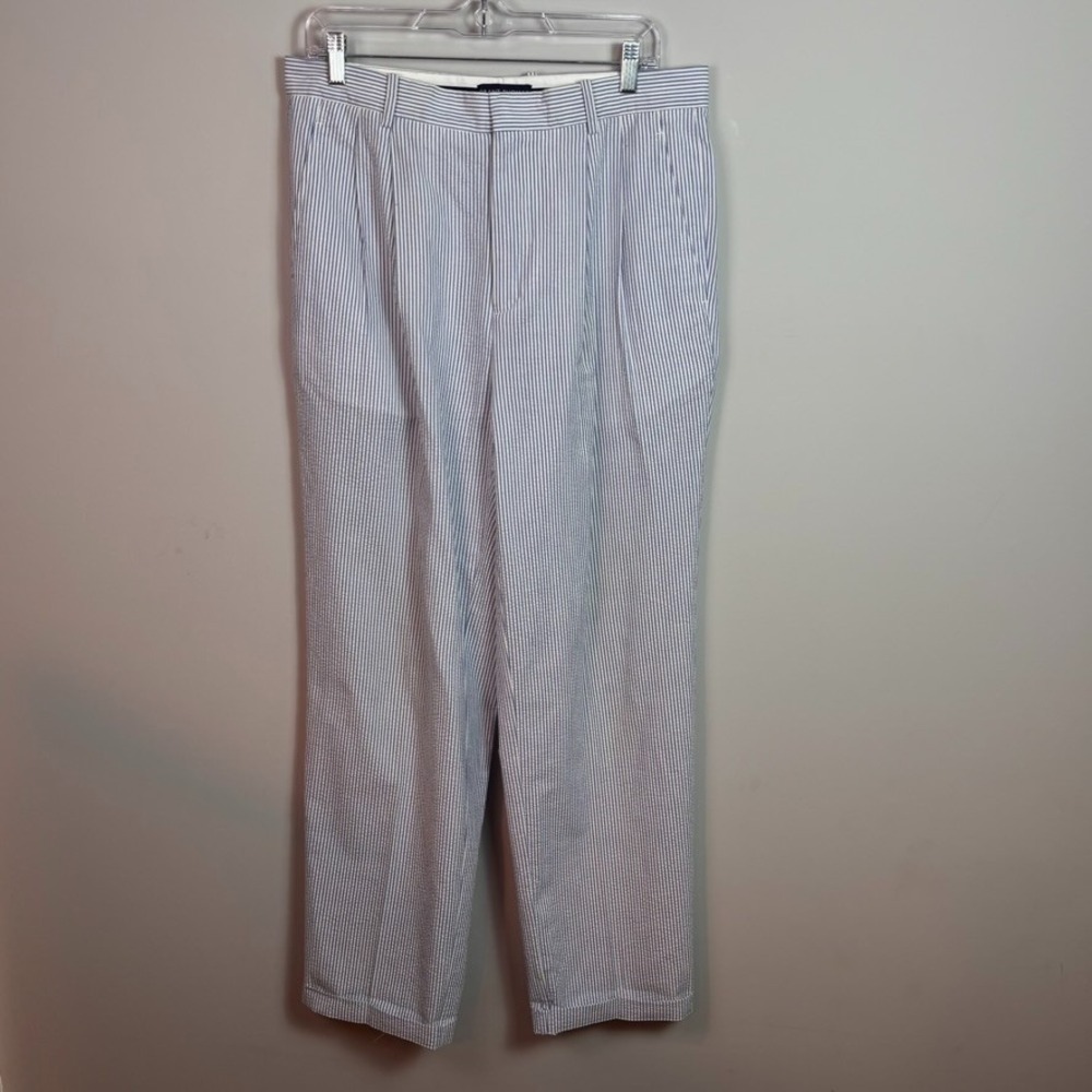 Grant Thomas Mens 100% Cotton Blue white seersucker Pleated pants sz 34 coastal